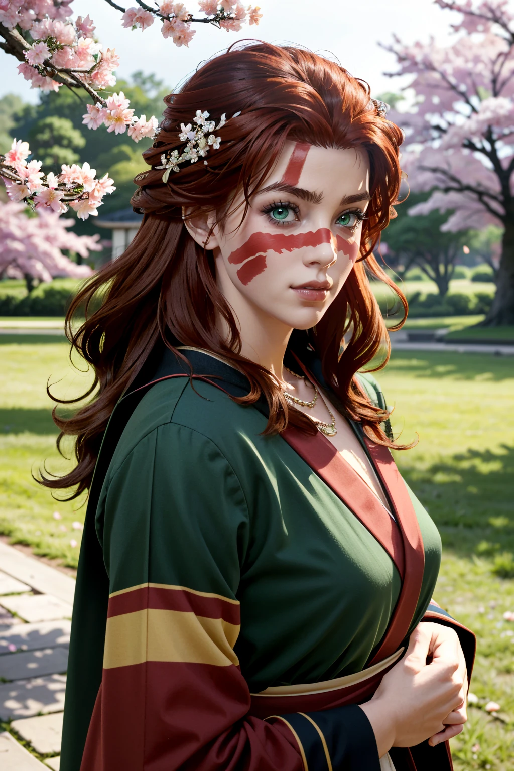 ((ultra detailed, masterpiece, absurdres))
 <lora:ACVCiara:0.8>
ACVCiara, 1girl, red hair, face paint, green eyes, looking at viewer, in a traditional kimono, surrounded by cherry blossoms