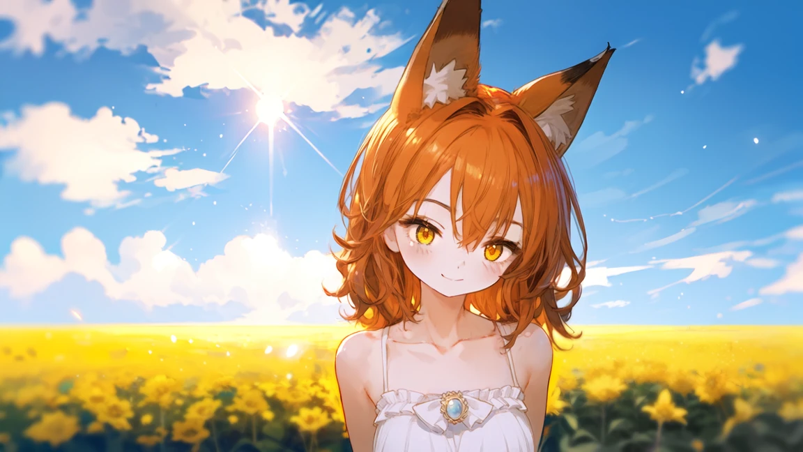 masterpiece, best quality, 1girl, orange hair, medium hair, fox ears, yellow eyes, half-closed eyes, light smile, upper body, looking at viewer, from side, face focus, close-up, (leaning forward), (arms behind back:1.3), sky, clouds, field, sunlight, light particles, perfect lighting, blurry background, glowing light, <lora:ALGL :0.5> <lora:OninekoStyleV1:0.5> <lora:hyperrefiner_v090:0.5> <lora:cutesexyrobutts_v2:0.5>