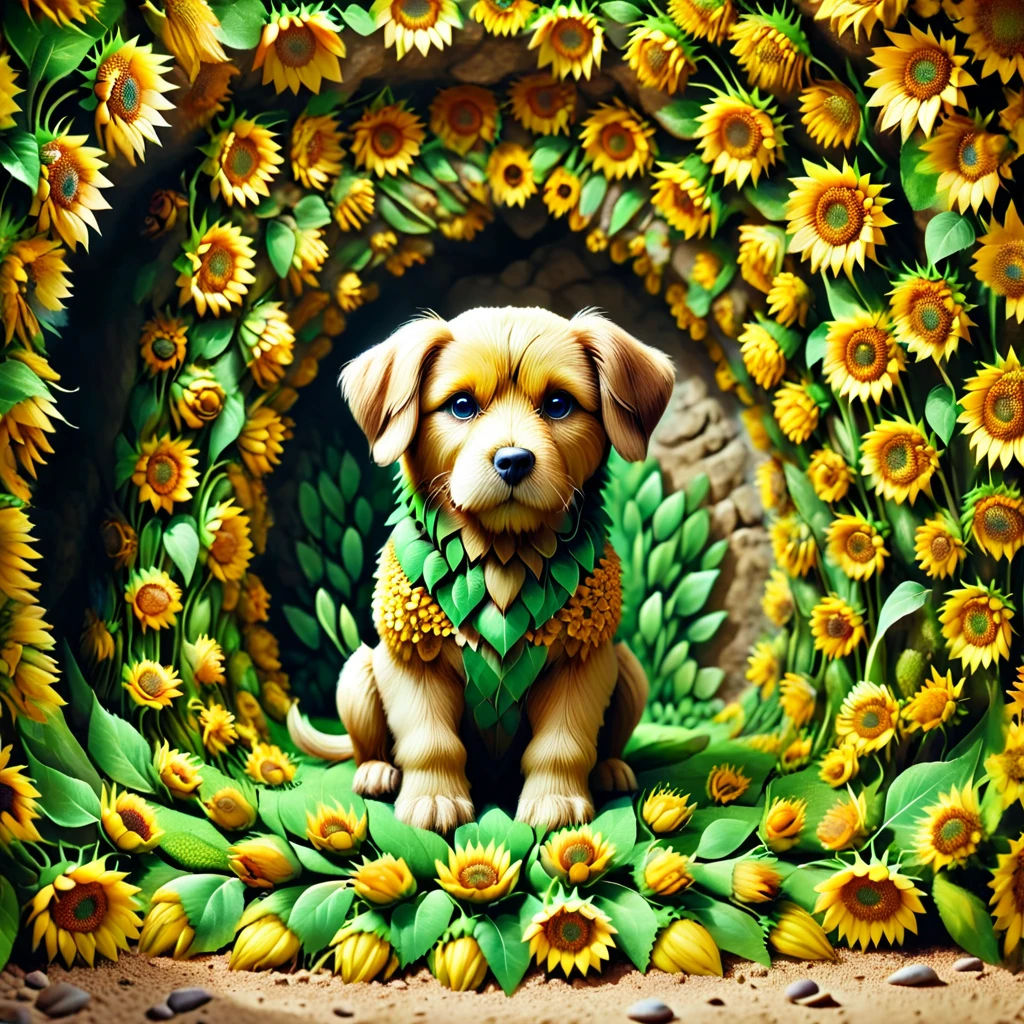 a dog made of sunflowers in a cave, depth of field, detailed background, masterpiece, digital photograph, DSLR, (ludicrously detailed:1.1)
<lora:sunflowers-000011:1>
