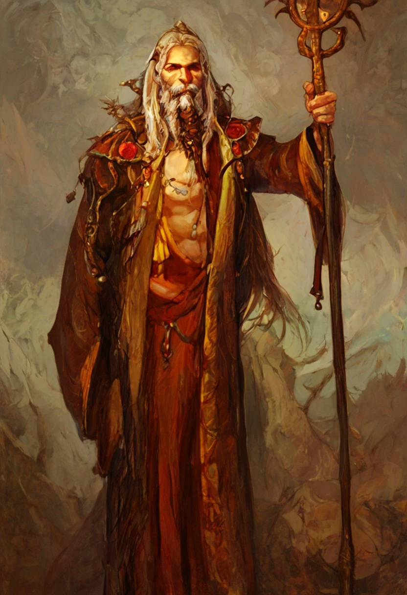 score_9, score_8_up, score_7_up, illustration of 1boy, justin_sweet_style, solo, male focus, holding staff, beard, robe, long hair, fantasy background