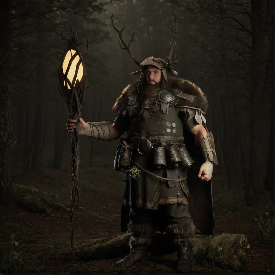 Druid, fantasy armor, full armor, Antlers, fur cape, fur leather boots, rope belt, trinkets on belt, gauntlets of wood,, Front-facing, Front, moody forest, (UHD, 8K, ultra detailed, looking at the camera, highly detailed, best quality, best aesthetic, high detail, amazing detail, masterful, work of a master, highly detailed background, shallow depth of field, photorealistic, RAW image, 
8k high resolution, ray tracing, realistic, mid day, volumetric lighting), badneg-xl, medium shot, mid shot, 