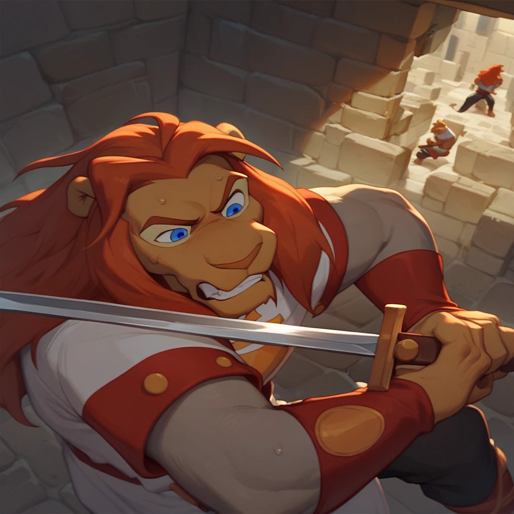 score_9, score_8_up, score_7_up, 1boy, argai, blue eyes, anthro, furry lion, furry, red mane, long hair, indoors, stone wall, dynamic angle, fighting, holding sword, clenched teeth, sweat drop