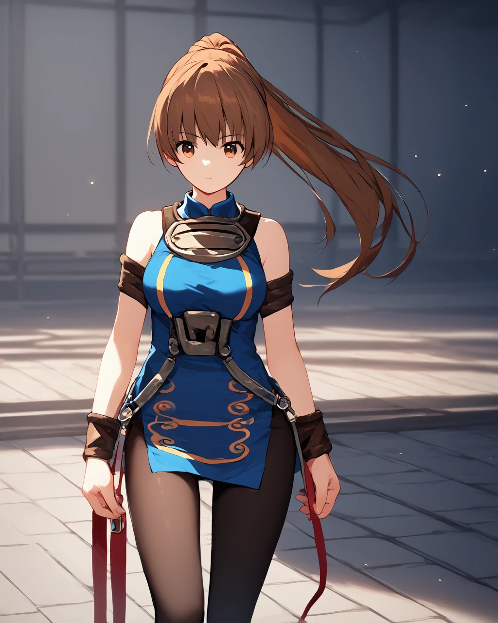 score_9, front view, from front
 <lora:millenia:1> milleniaoutfit, short dress, sleeveless, bare shoulders, (black pantyhose:1), side slit
 <lora:doakasumi-pdxl-nvwls-v1:0.8> doakasumi, brown hair, ponytail