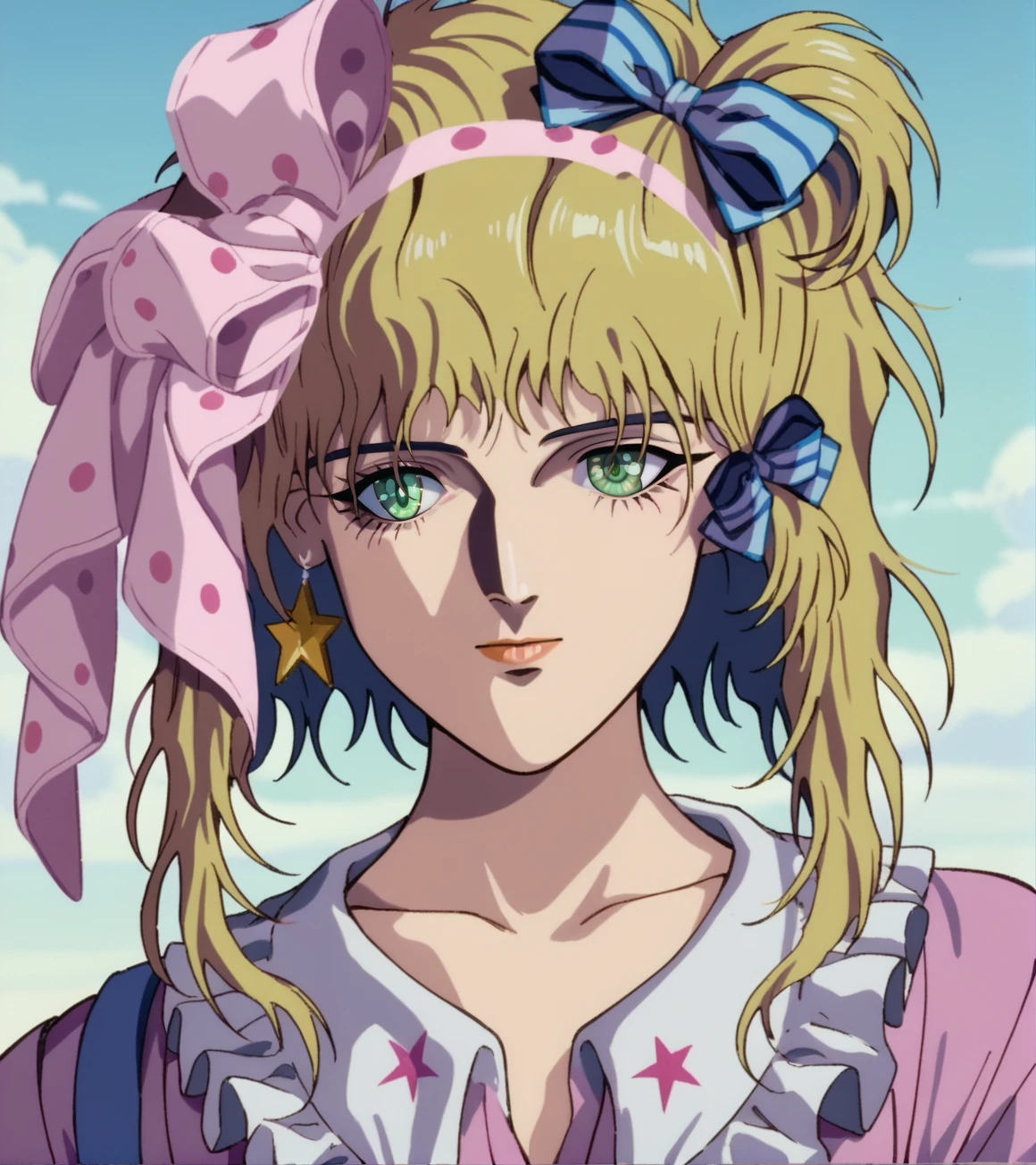 score_9, score_8_up, score_7_up,
<lora:Robot_Carnival_Presence:1>
Presence, 1girl, blonde hair, star earring, blue hair ribbons, pink dress with frilled collar, white background, pink polka dot bow, green eyes, upper body, outdoors, day, blue sky, retro_artstyle, source_anime,