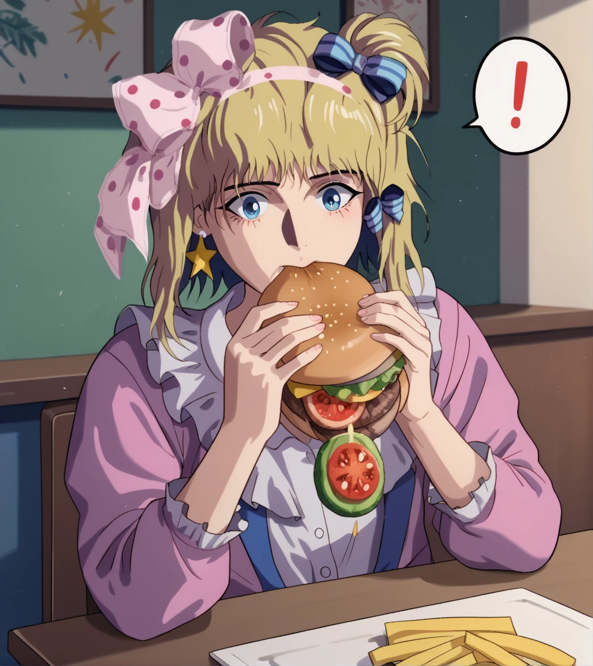 score_9, score_8_up, score_7_up,
<lora:Robot_Carnival_Presence:1>
Presence, blonde hair, pink dress with frilled collar, upper body, pink polka dot bow, star earrings, blue hair ribbons, <lora:Burger_Malfunction-PonyXL-1024px:0.8> sitting, surprised, eating, holding food, burger, burger_malfunction, spoken_exclamation_mark,
tomato, cucumber, ketcup, mustard, 
1girl, solo, indoors, table
retro_artstyle, source_anime, retro_anime,