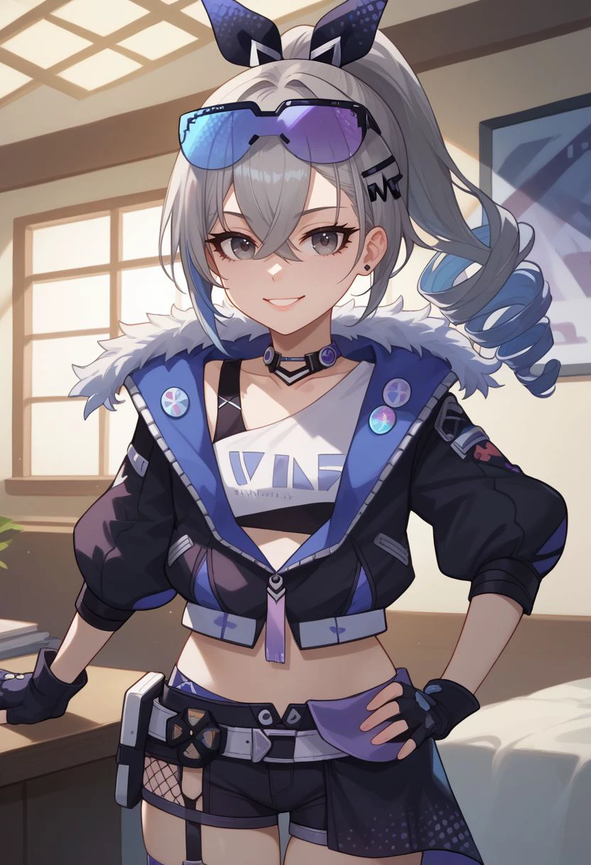 score_9, score_8_up, score_7_up, source_anime, 1girl, silverwolfdef, grey eyes, grey hair, long hair, ponytail, hair between eyes, drill hair, eyewear on head, hair ribbon, choker, crop top, fur trim, black jacket, cropped jacket, midriff, navel, black gloves, fingerless gloves, black shorts, short shorts, thigh strap, fishnet socks, standing, smile, looking at viewer, indoors, portrait, close-up, facing viewer, hand on hip, <lora:Silverwolf_v1-000010:1>