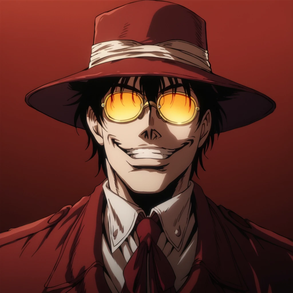 score_9, score_8_up, score_7_up, score_6_up, score_5_up, score_4_up, source_anime, BREAK
hellsing_ultimate_style,, <lora:hellsing_ultimate_style-pony.10:0.8>,
solo,1boy,red theme,evil grin,fedora,yellow glasses,reflection,portrait,black hair,