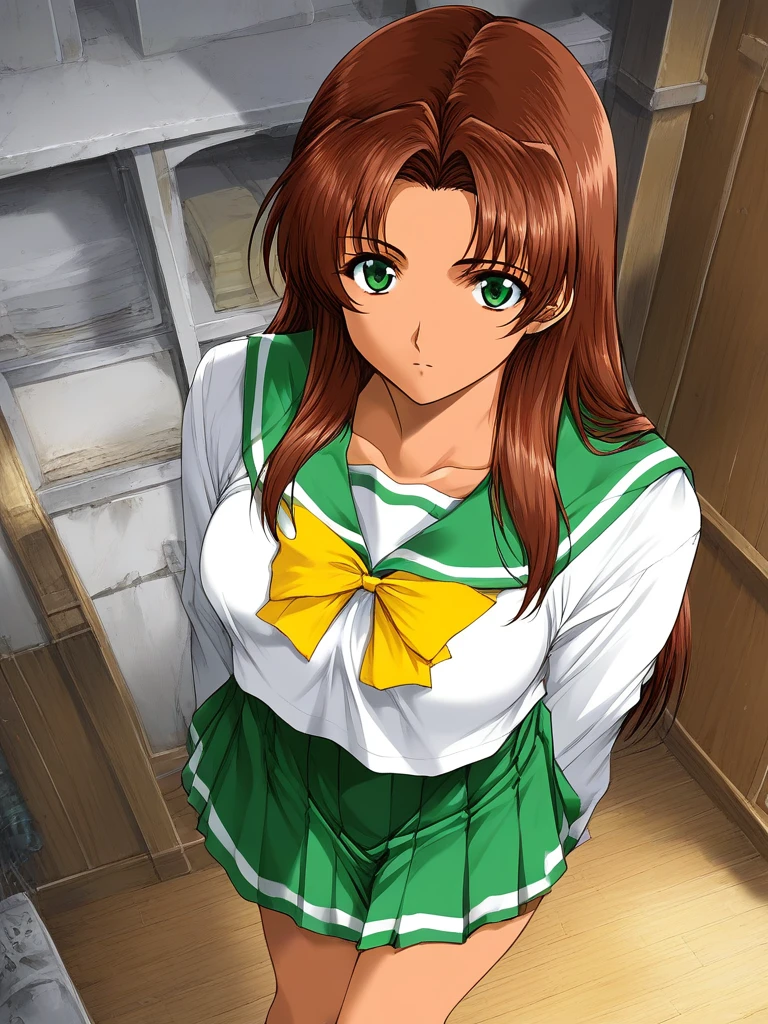 score_9, score_8_up, score_7_up, source_anime, rating_explicit, BREAK <lora:Fujima_Moeko_XL:1> FujimaMoeko, brown hair, breasts, green eyes, long hair,
1girl, solo, pink school uniform, long sleeves, bow, serafuku, indoors, yellow bow, shirt, green skirt,ãlooking at viewer,
from above
tan skin
expressionless
apartment house, room,
