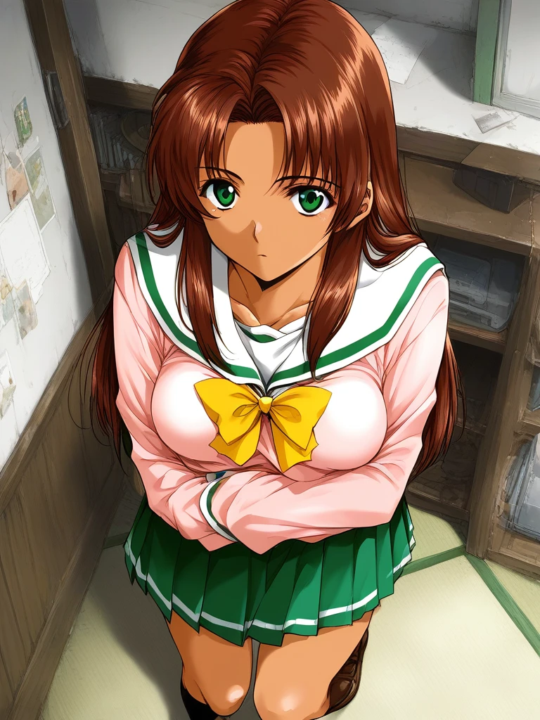 score_9, score_8_up, score_7_up, source_anime, rating_explicit, BREAK <lora:Fujima_Moeko_XL:1> FujimaMoeko, brown hair, breasts, green eyes, long hair,
1girl, solo, pink school uniform, long sleeves, bow, serafuku, indoors, yellow bow, shirt, green skirt,ãlooking at viewer,
from above
tanned skin
expressionless
apartment house, room,