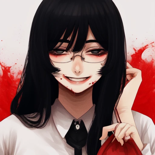 <lora:hoshi3-09:1> 1girl, black hair, (blood:0.8), glasses, long hair, bags under eyes, solo, smile, upper body,