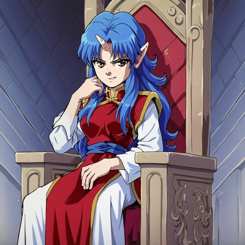 score_9, score_8_up, score_7_up, BREAK, miyuki, blue hair, long hair, brown eyes, pointy ears, single horn, smirk, sitting, throne,