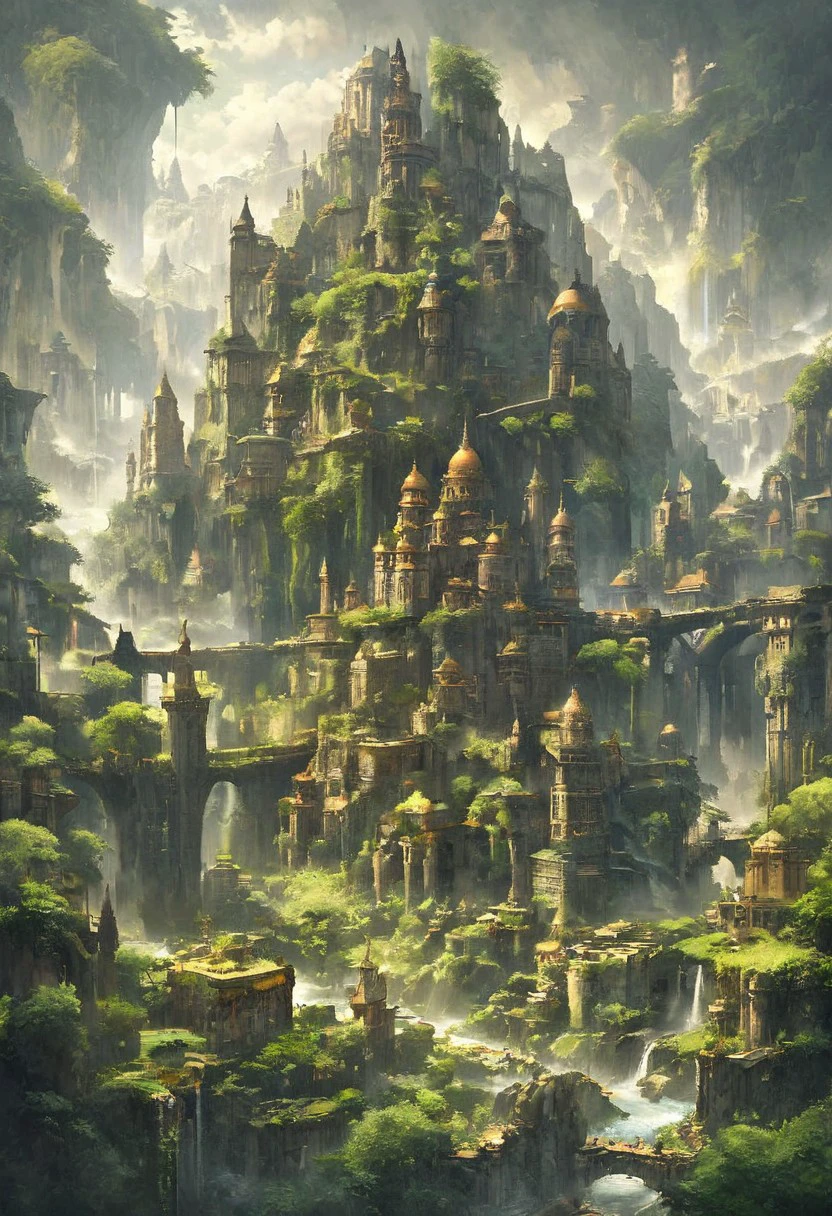 A grand, majestic fantasy city carved into a mountainside with intricate architectural designs. The city features multiple domed buildings, towering statues, and a large bridge connecting different parts of the city. The scene is set in a lush landscape with rocky cliffs and waterfalls, creating a sense of awe and wonder.