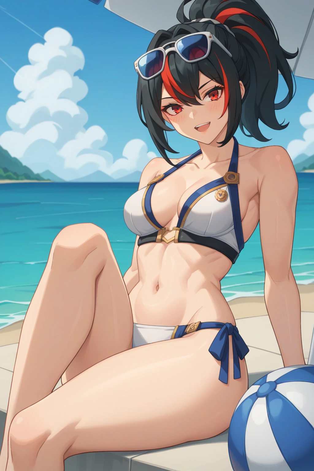 score_9, score_8_up, score_7_up, source_anime, 1girl, prefect lighting, very aesthetic, intricate details, highly detailed background, masterpiece, high quality, prefect hands, best quality, solo,
<lora:Zhu_Yuan_ZZZ_V1:.85>, KJOzhu, high ponytail, streaked hair, dark hair, red eyes, streaked hair, thick thighs, 
white , sunglasses on head,
sitting, one knee up, beach umbrella, beachball,  smile, blush, looking at viewer, open mouth, smug, head tilt, 
beach, water, mountain, 
(Beautiful, :1.2), natural ,