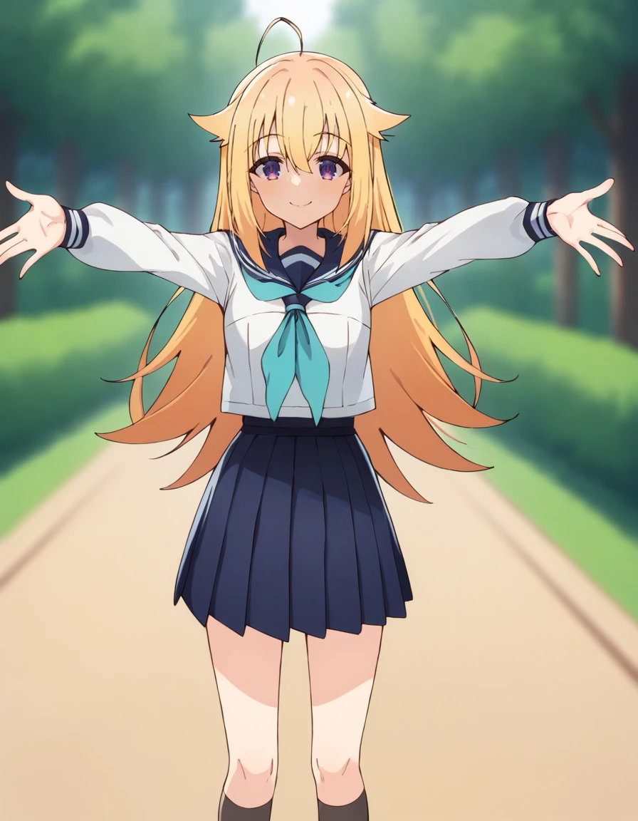 score_9, score_8_up, score_7_up, source_anime, blurry background, BREAK
1girl, solo, looking at viewer, cowboy shot, blurry background, outdoors, standing, outstretched arms, full body,
torako koshi, blonde hair, long hair, ahoge, hair between eyes, hair flaps, purple eyes, light smile,
school uniform, serafuku, blue sailor collar, white shirt, long sleeves, aqua neckerchief, pleated dress, black socks, brown footwear,
<lora:torako_koshi_anime_v3-soralz:0.9>