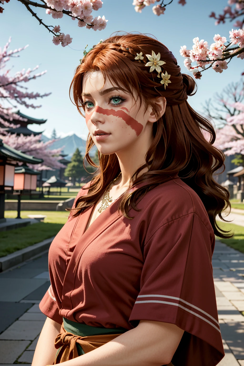 ((ultra detailed, masterpiece, absurdres))
 <lora:ACVCiara:0.8>
ACVCiara, 1girl, red hair, face paint, green eyes, looking at viewer, yukata, japan, cherry blossoms, hair ornament