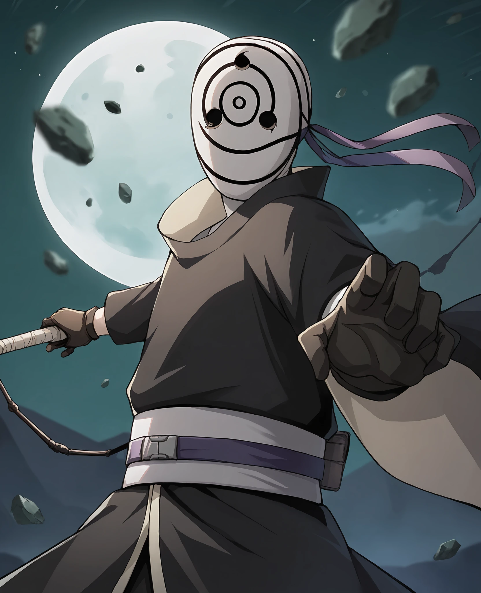 score_9,score_8_up,score_7_up,source_anime,rating_safe BREAK masterpiece,highres,best quality,high quality,dramatic angle,cinematic lighting,1boy,<lora:Obito_Pony_V2:1>,dim,night,moon,white mask,Uchiha Obito \(White mask\),Uchiha Madara \(White mask\),black robe,black gloves,looking at viewer,floating rocks,extremely detailed background,blurry background,mountains in distance,fan,fan \(weapon\),ribbon,portrait,close-up,holding,cowboy shot,holding weapon,white shirt,<lora:add-detail-xl:0.22>,<lora:flat_sdxl:-0.43>,sash,black pants,fighting stance,action pose,grasp,