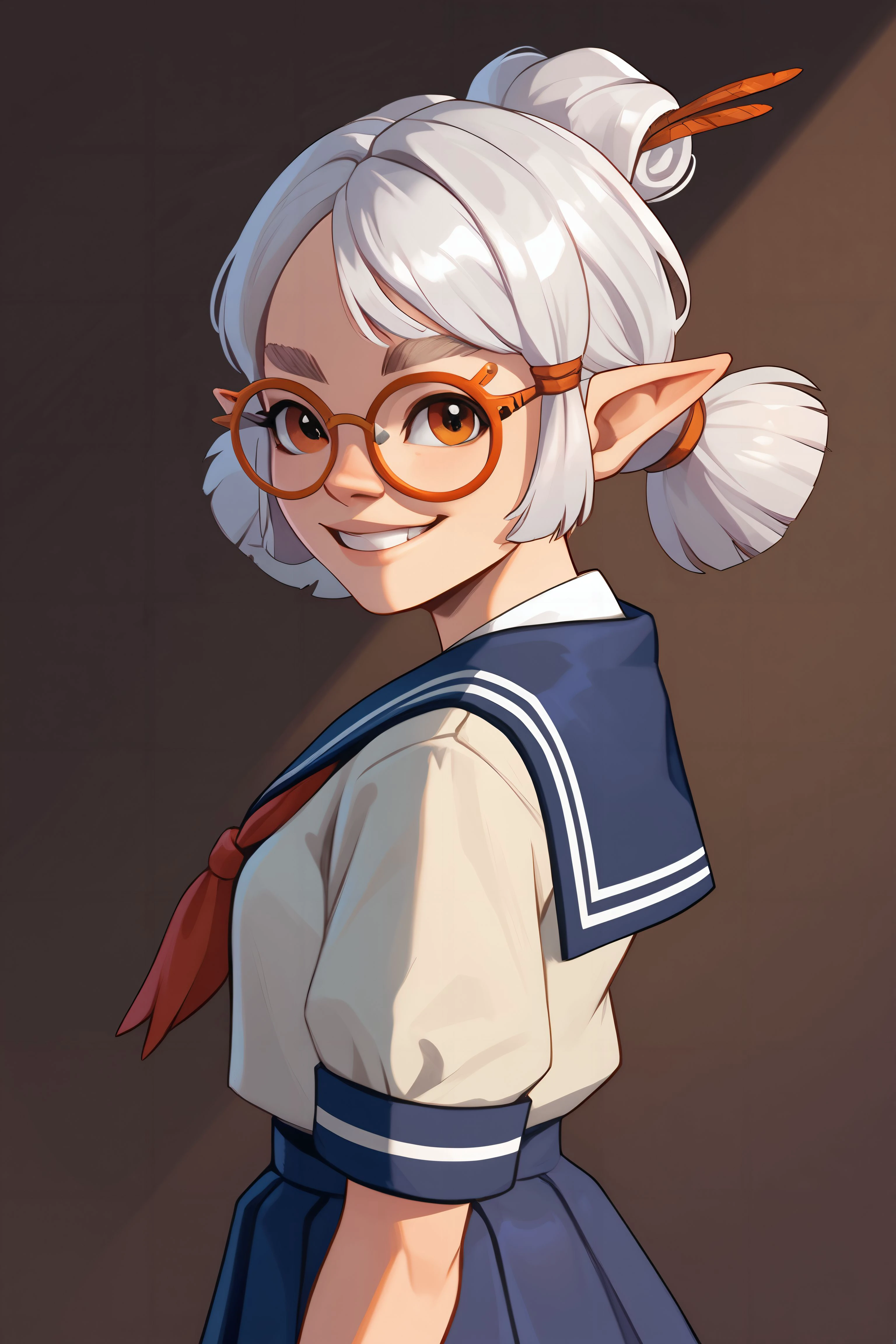 josha, totkjosha, 1girl, low twintails, brown hair, multi-tied hair, pointy ears, white hair, glasses, looking at viewer, smile
school uniform
<lora:totkjosha-pdxl:0.7><lora:attire_yomorio_ponyXL:0.5>
score_9, score_8_up, score_7_up, score_6_up, score_5_up, score_4_up, zPDXL2