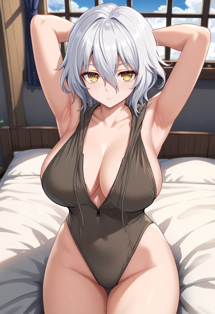 core_9, score_8_up, score_7_up, source_anime BREAK 1girl, looking at viewer, cowboy shot,
<lora:io-cv-richy-v1_pdxl:1>, iocv, yellow eyes, white hair, short hair, hair between eyes, huge breasts, <lora:HolidayBunnyDwnsty-000007:1>, holiday bunny hoodie, sleeveless leotard, bunny hood, expressionless, collarbone, 
indoors, bedroom, on bed, bed, window, cloudy sky, lying, arms up, armpits, sleepy, from above, thighs, on back,