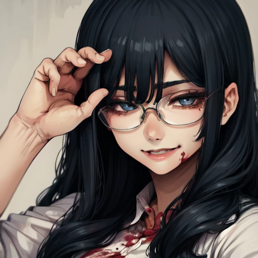 <lora:hoshi3-09:1> 1girl, black hair, blood, glasses, long hair, bags under eyes, solo, smile,