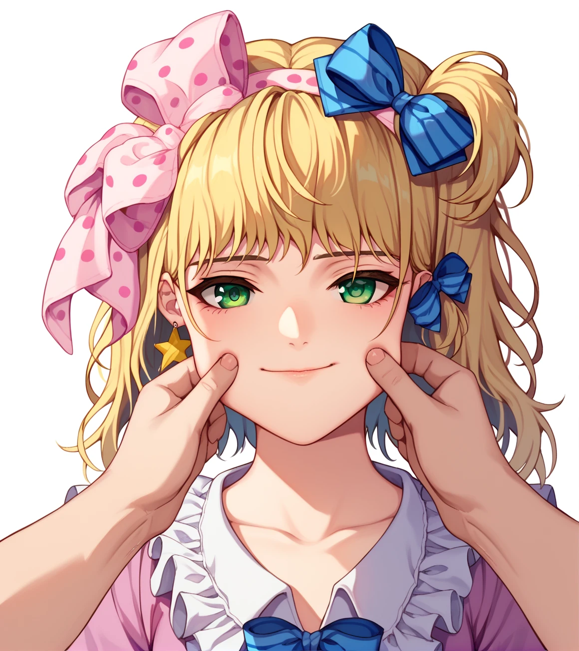 score_9, score_8_up, score_7_up,
<lora:Robot_Carnival_Presence:1>
Presence, green eyes, blonde hair, pink dress with frilled collar, upper body, (pink polka dot bow), star earrings, blue hair ribbons, 
1boy, cheek pinching, pov hands, <lora:PinchingPOVBothHands_XLPD:1>,