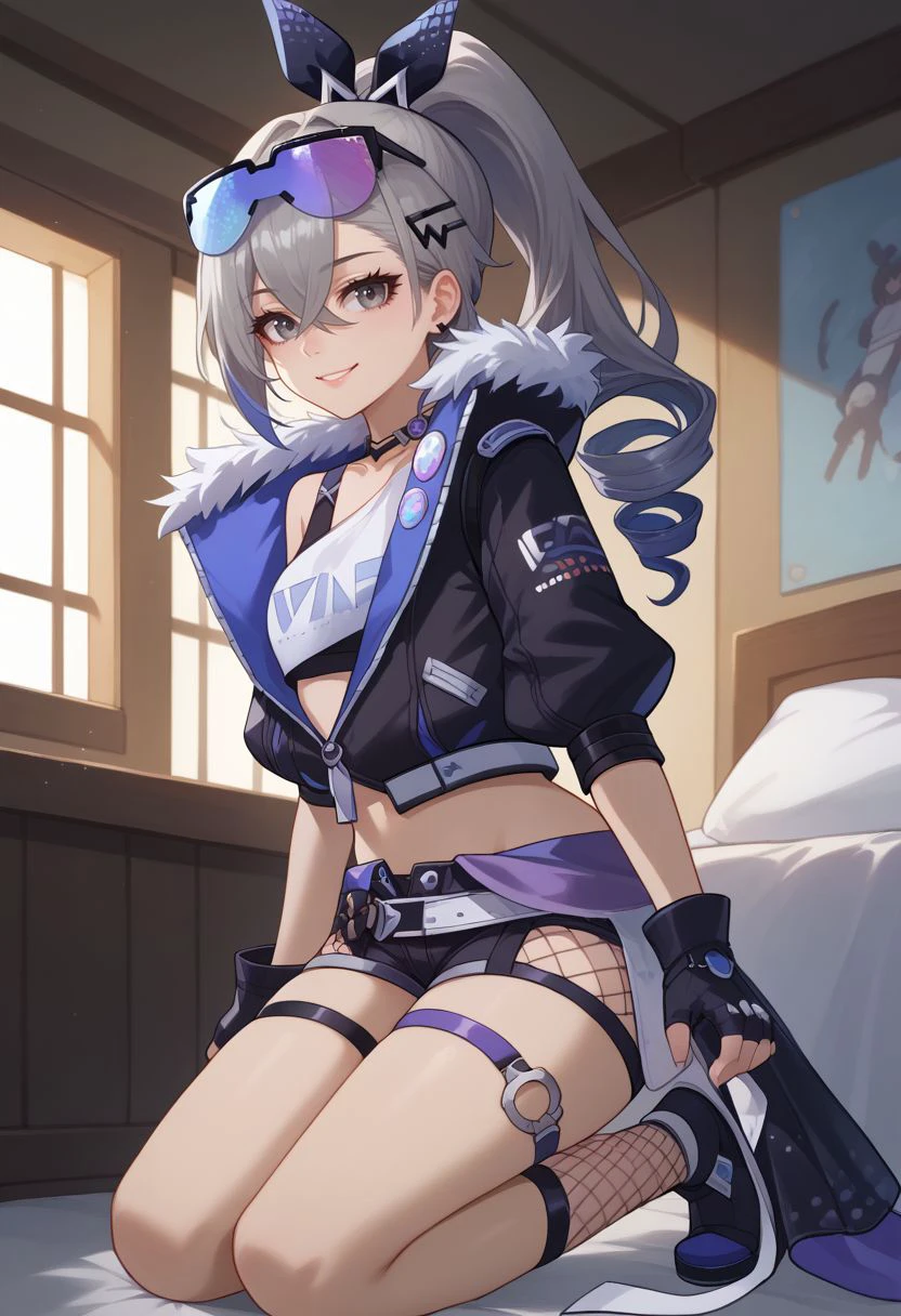 score_9, score_8_up, score_7_up, source_anime, 1girl, silverwolfdef, grey eyes, grey hair, long hair, ponytail, hair between eyes, drill hair, eyewear on head, hair ribbon, choker, crop top, fur trim, black jacket, cropped jacket, midriff, navel, black gloves, fingerless gloves, black shorts, short shorts, thigh strap, fishnet socks, wariza, kneeling, smile, looking at viewer, indoors, portrait, close-up, facing viewer, <lora:Silverwolf_v1-000010:1>