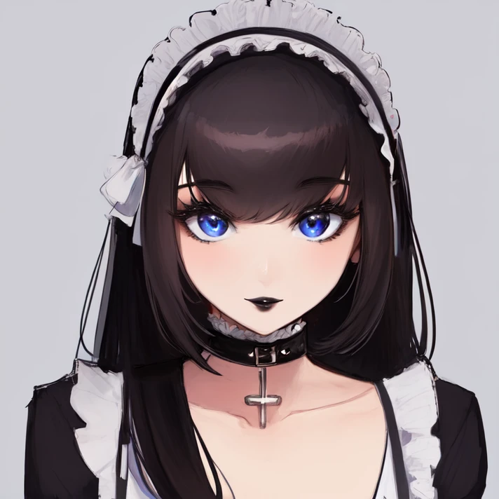 extreme close-up, portrait, solo, <lora:yuukiKei:0.9>, sfw, yuuki_kei, 1boy, long hair, black hair, choker, gothic, crossdressing, makeup, lipstick, black lips, maid headband, (flat chest:1.1), simple background, highres, Digital art, trending on artstation, best quality, insanely detailed, masterpiece, stunning environment, wide-angle,