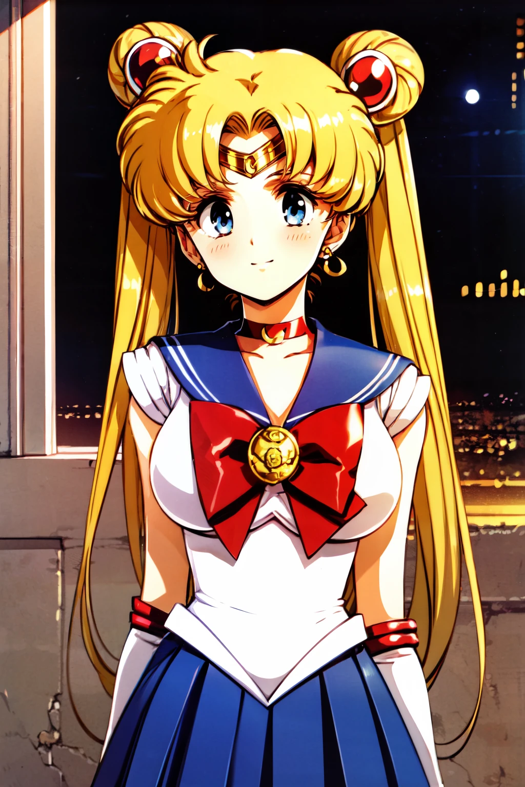 ((masterpiece,best quality)), absurdres,  <lora:Urushihara_Satoshi_Style:1.0>,  big breasts, BREAK, , BREAK, <lora:sailor_moon_v1:0.7>, 1girl, blonde hair, aausagi, double bun, twintails, parted bangs, circlet, jewelry, earrings, choker, red bow, white gloves, elbow gloves, blue skirt, night, outdoors, moon,, BREAK, solo, smile, looking at viewer, upper body, blush, head tilt,