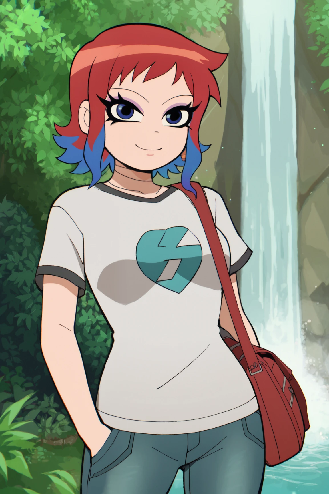 score_9, score_8_up, score_7_up, source_anime, aesthetic, intricate details, solo, 1girl BREAK
<lora:Scott_Pilgrim_Takes_Off_style:1> scott_pilgrim_style, medium hair, two-tone hair, gradient hair, blue eyes, makeup, shirt, jeans, smile, hand on pockets, looking at viewer, nature, waterfall, rainbow, cowboy shot, shoulder bag,