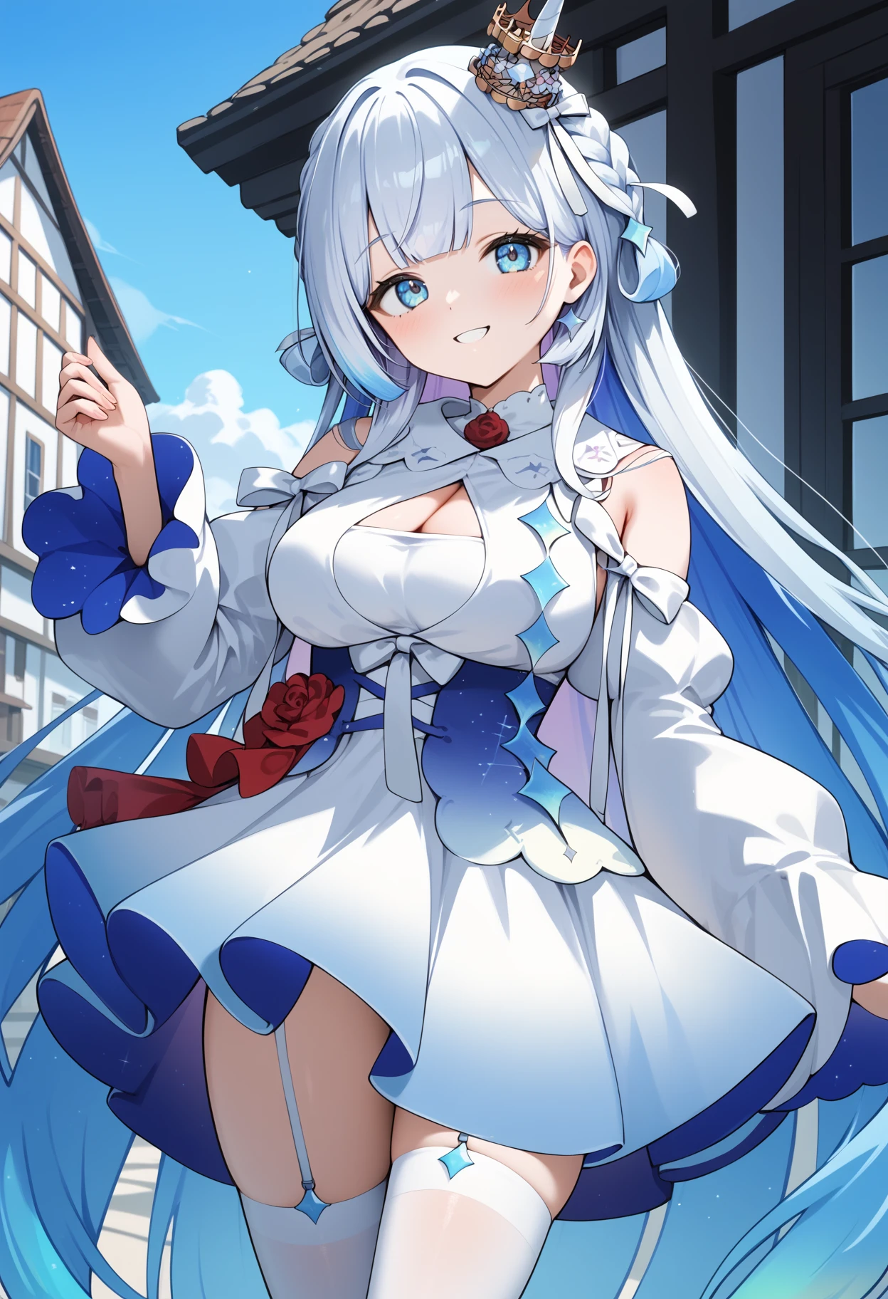((masterpiece、highest quality、whole body、Character portrait、front、White background))、anime、An illustration、Girl、low length、smile、Gray Hair、Long Hair、Twin tails、blue eyes、White dress、Big Breasts