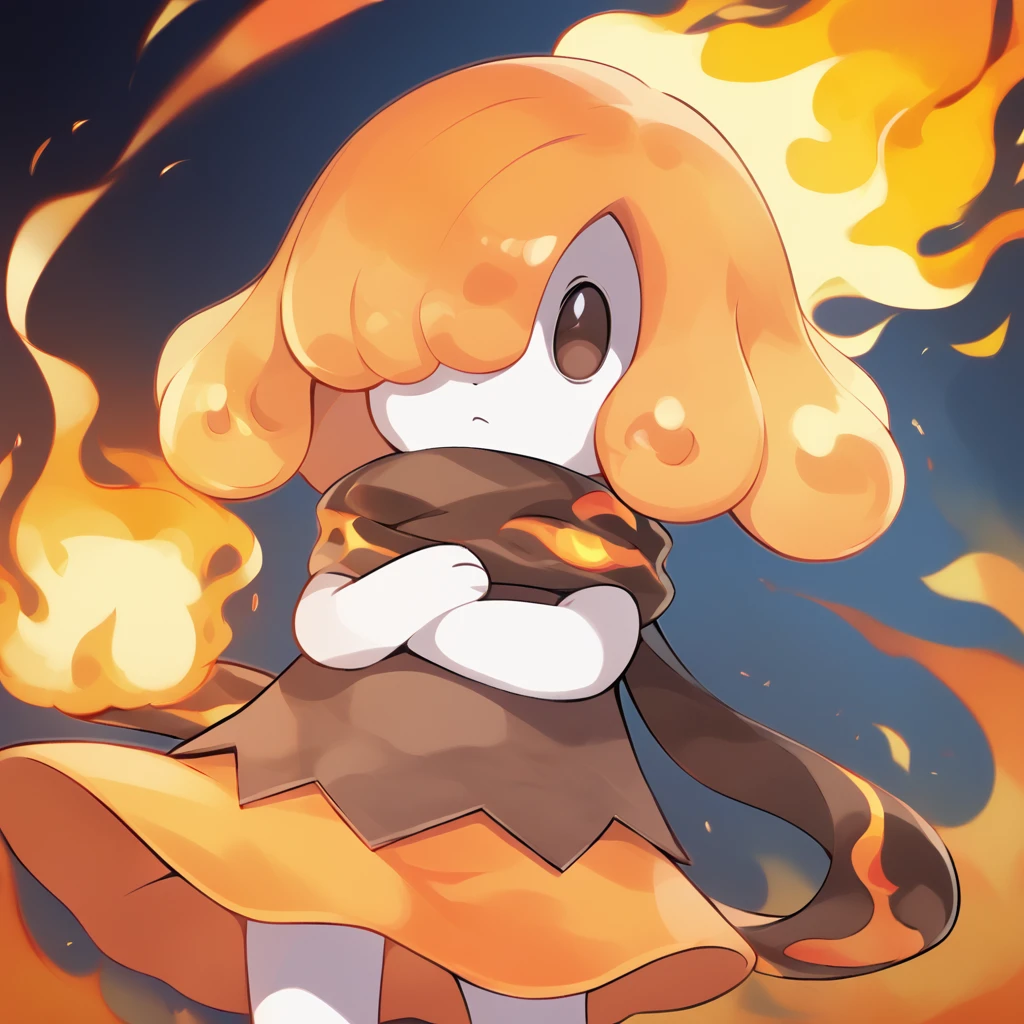 solo, no humans
<lora:Flambelle-10:1> flambellepal, pokemon \(creature\), scarf, brown eyes, hair covering one eye, orange hair, short hair, white skin, colored skin, brown dress, sleeveless dress, orange skirt, fire, solid oval eyes