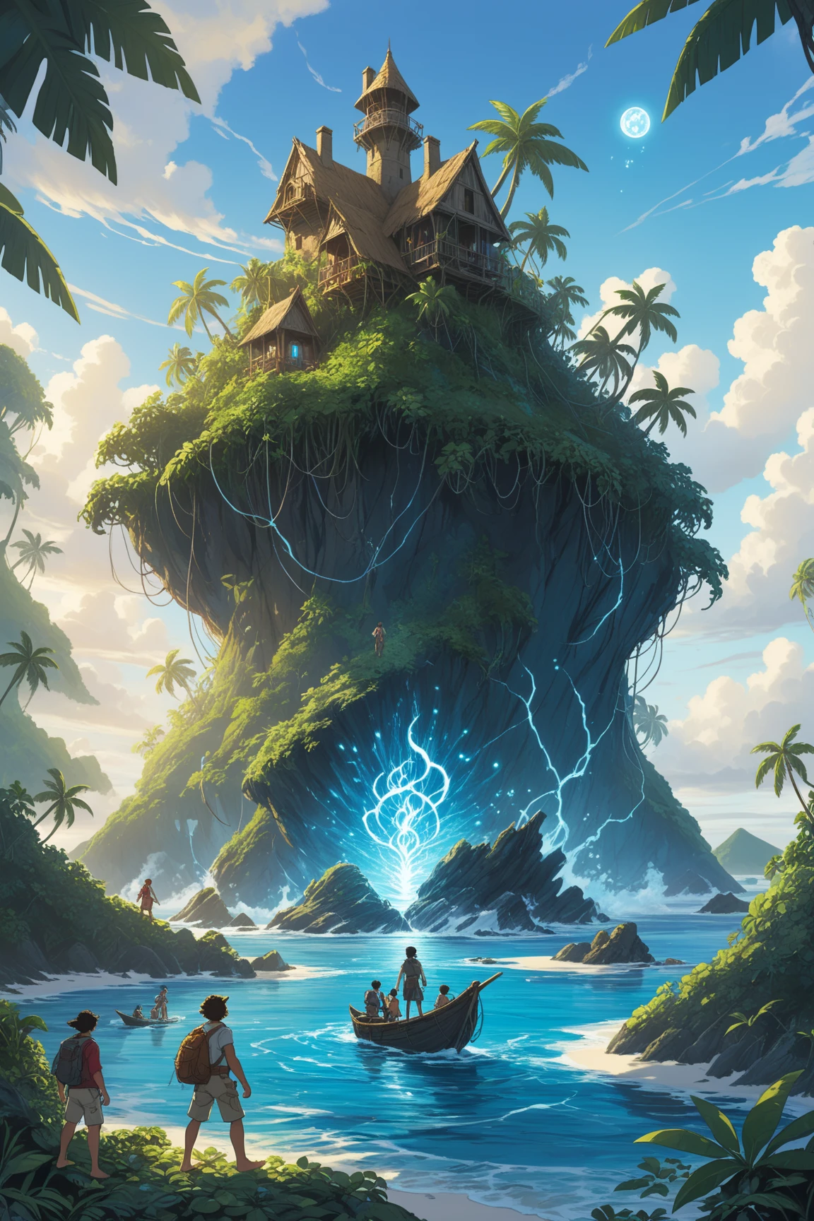 a group of explorers discover a hidden island where the inhabitants possess powerful magic that can control the elements, masterpiece