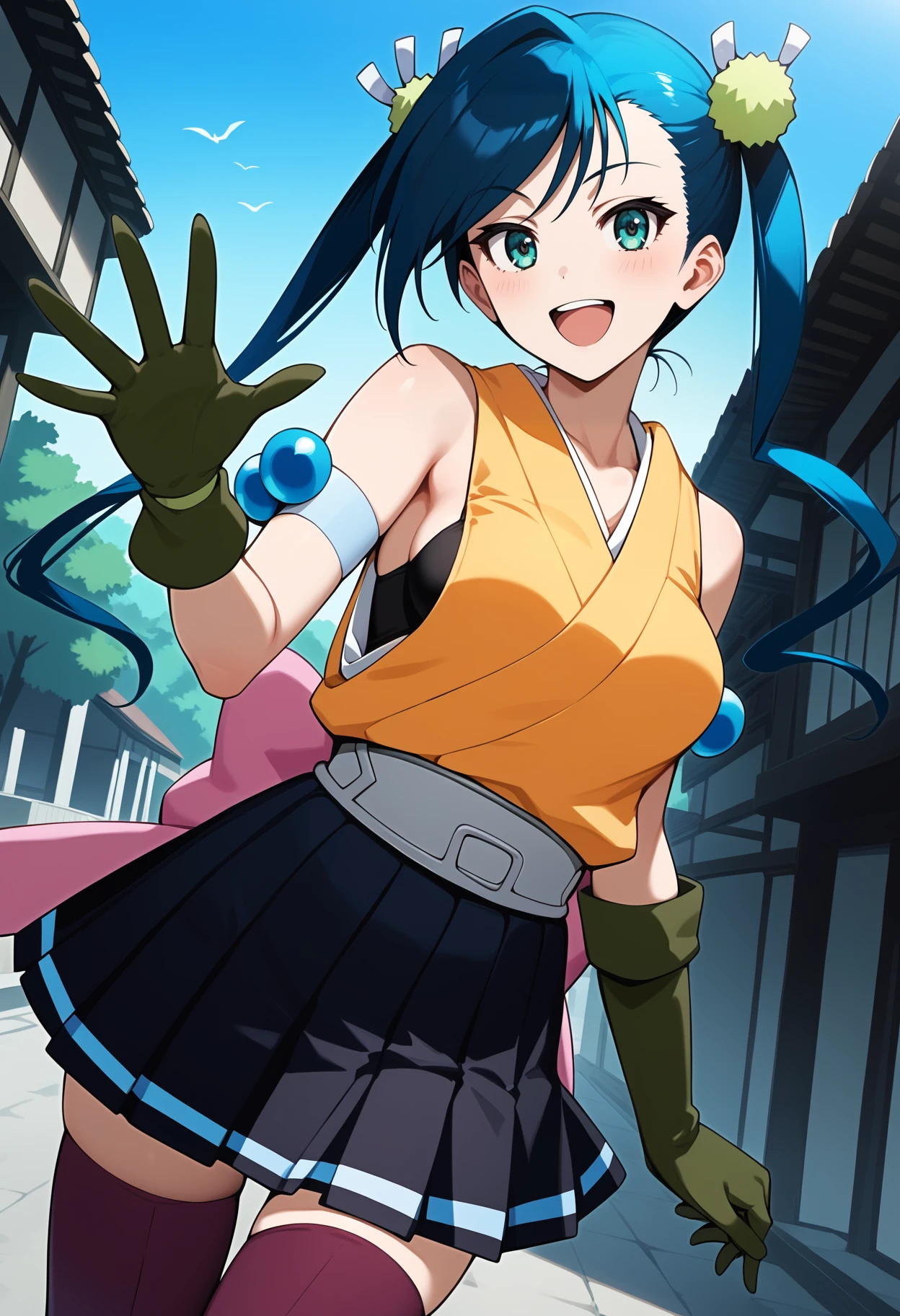 score_9, score_8_up, score_7_up, score_6_up, score_5_up, score_4_up, source_anime, aahibachi, long hair, blue hair, twintails, hair ornament, aqua eyes, breasts, japanese clothes, yellow shirt, sleeveless, armband, green gloves, belt, pink bow, pleated skirt, black skirt, purple thighhighs, <lora:hibachi_ponyxl_v1:0.9>, waving, smile, open mouth, street