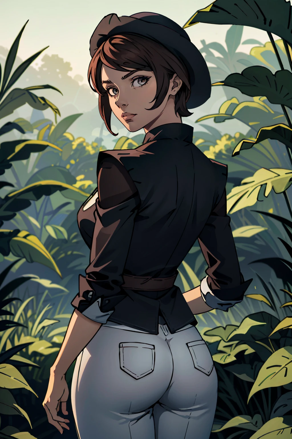 ((ultra detailed, masterpiece, absurdres))
 <lora:BFiona:0.8>
BFiona, 1girl, short hair, brown hair, hat, looking at viewer, in a lush jungle with vibrant flowers, from behind, looking back