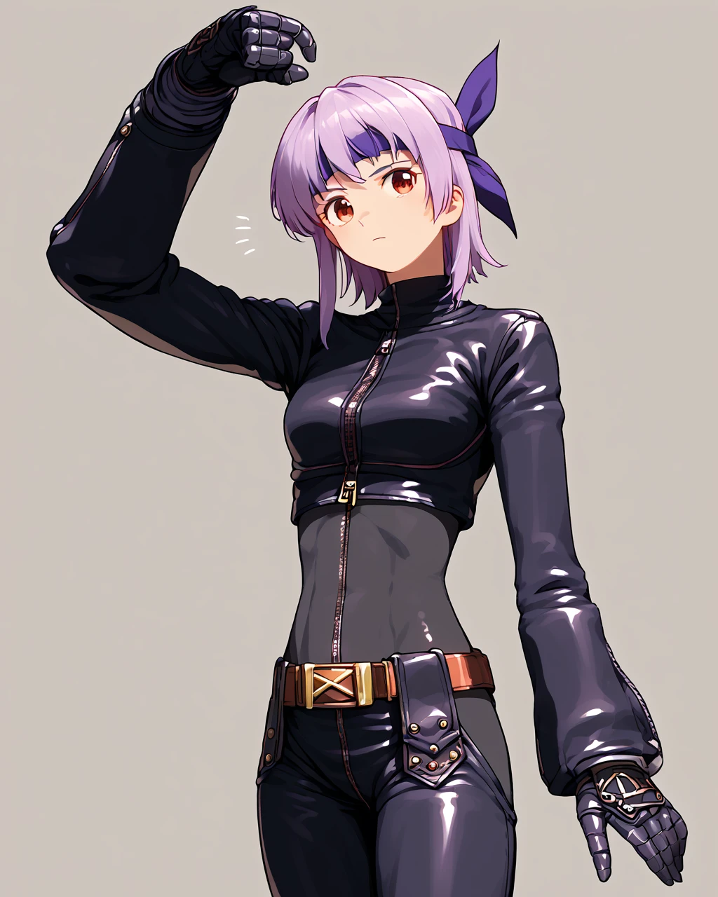 score_9
<lora:kulaclassic:1> kulaoutfit, belt, gloves, pants, long sleeves, zipper, buckle, turtleneck, jacket, cropped jacket, belt buckle, gauntlets, chaps, bodysuit,
 <lora:ayane-v2-ponyxl:0.8> ayane, headband, ayanedef,