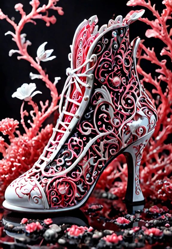 a close up of a shoe made of coralbugXL, stylish shoe design, exquisite imaginative poster art, coralbugXL embellishment, by Victorine Foot, coralbugXL, the theme of alice in wonderland, coralbugXL, highly detailed fantasy art, exquisite digital illustration, great digital art with details, highly detailed digital painting, surrealistic digital artwork, 3d epic illustrations,  <lora:coralbugXL:1> <lora:LCMTurboMix_DPM_SDE_Karras:1>