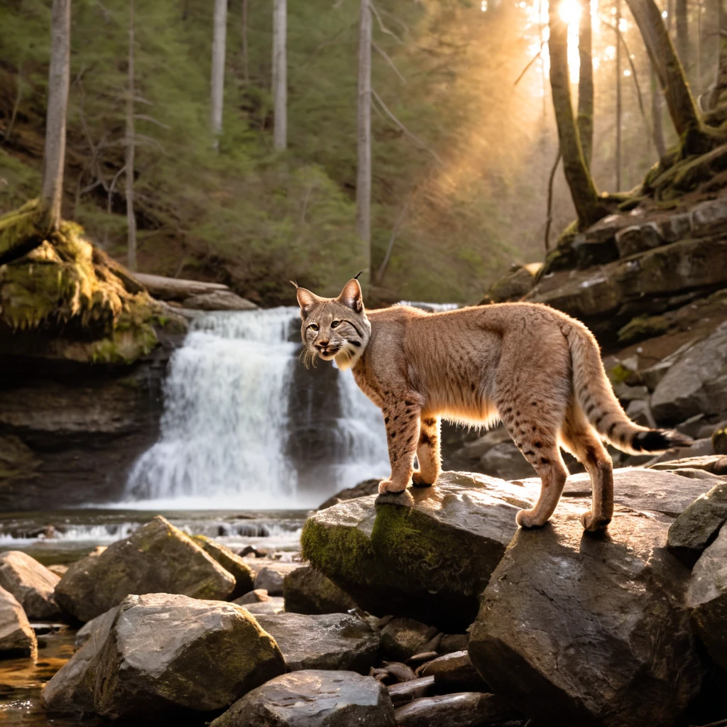 a bobcat near a waterfall in a north American forest, sunrise