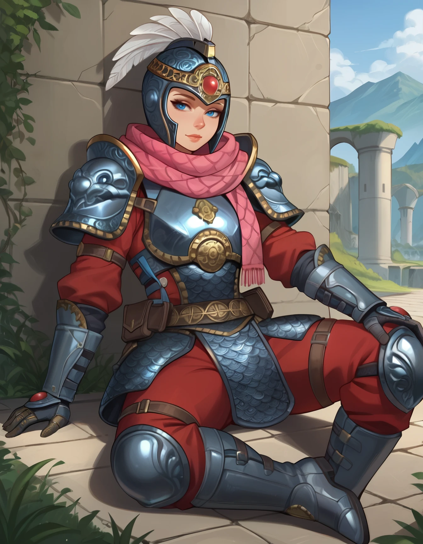 (embedding:Pony\Pony_PDXL_Negative_Embeddings\zPDXL2),1girl,3mpr3ss,armor,belt,gloves,armored boots,shoulder armor,helmet,gauntlets,pouch,red scarf,pauldrons,knee pads,red pants,chainmail,breastplate,full armor,blue eyes,looking at viewer,feathers,greaves,science fiction,tlying on ground                                               <lora:MyTrainings\Temp\Wattson_The_Warrior_Empress_XL_Pony.safetensors:0.6>