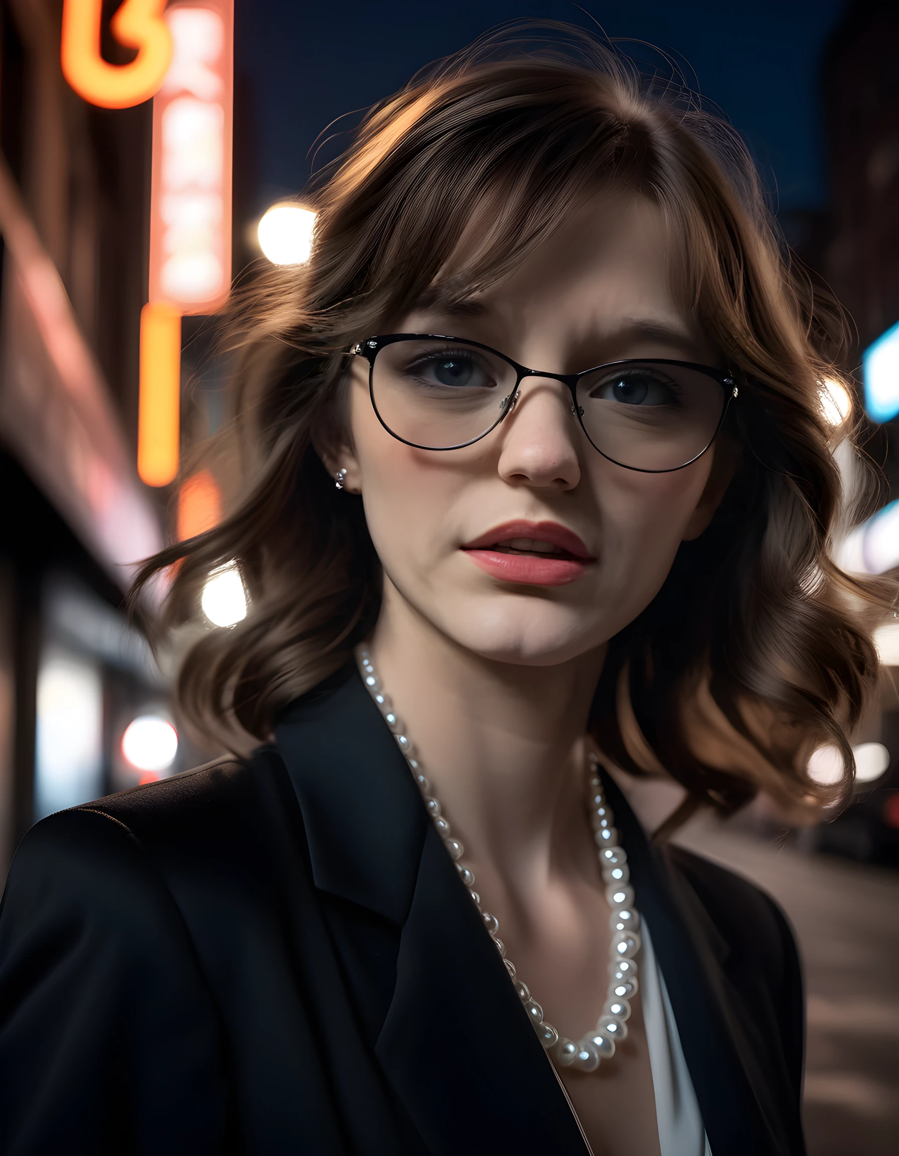 In a gritty, noir-inspired setting reminiscent of 1940s New York City, the camera is positioned at a low angle from the right side, capturing a striking close-up of R3353W, a woman with brown hair cascading down her shoulders and long bangs partially obscuring her brow. Her gaze is intense and direct, locking eyes with the viewer through the lenses of her black-framed glasses. Her outfit is a unique blend of high fashion and noir style: a tailored black blazer draped over a white silk blouse, accessorized with an oversized pearl necklace that contrasts sharply against her dark attire. A single strand of pearls dangles from one ear, adorned with a small diamond stud. The soft glow of a street lamp illuminates the scene, casting dramatic shadows across her sharp features and emphasizing the smoky eye makeup that accentuates her sultry expression. Her hair is styled in loose waves that fall around her face like a curtain, and her lips are parted slightly as if she's about to speak, creating an air of mystery and allure. The background is a blurred haze of rain-soaked streets and neon lights, adding to the moody and atmospheric tone of the image.