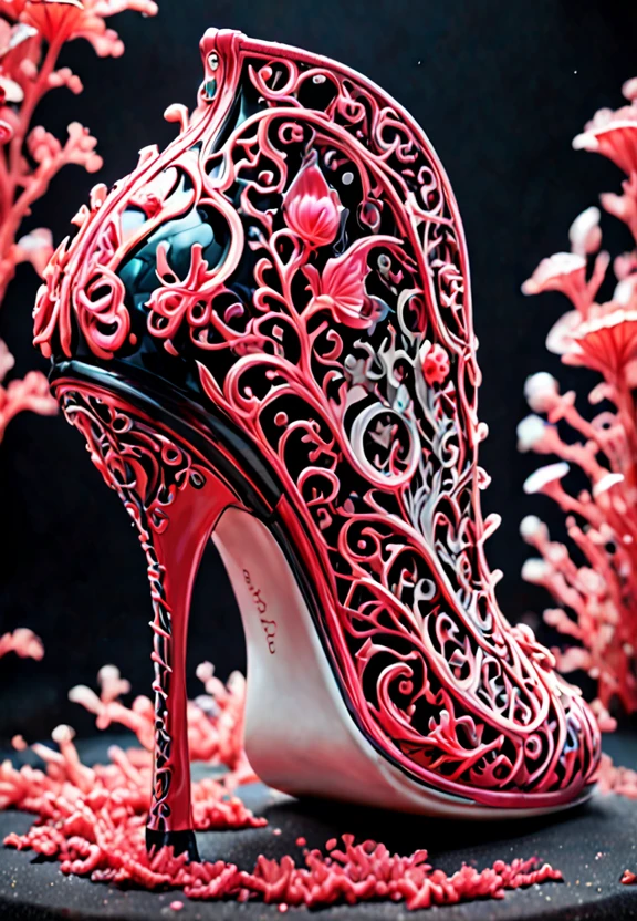 a close up of a shoe made of coralbugXL, stylish shoe design, exquisite imaginative poster art, coralbugXL embellishment, by Victorine Foot, coralbugXL, the theme of alice in wonderland, coralbugXL, highly detailed fantasy art, exquisite digital illustration, great digital art with details, highly detailed digital painting, surrealistic digital artwork, 3d epic illustrations,  <lora:coralbugXL:1> <lora:LCMTurboMix_DPM_SDE_Karras:1>