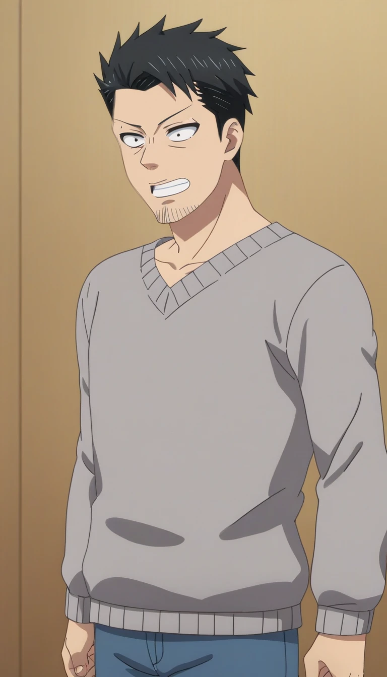 rating_safe, embedding:zPDXL, looking_at_viewer,
fujio uzaki, 1boy, male focus, solo,cowboy_shot,grey sweater, black_eyes, grin,