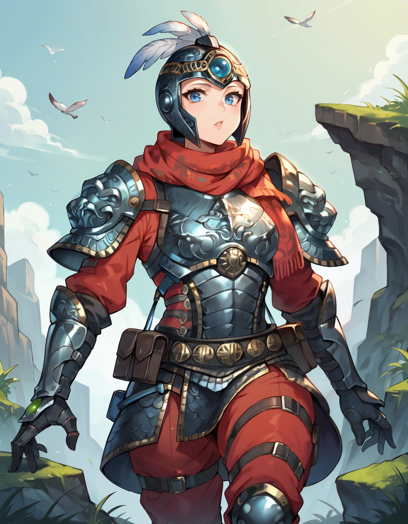 score_9,score_8_up,score_7_up,score_6_up,1girl,3mpr3ss,blue eyes,armor,belt,gloves,armored boots,shoulder armor,helmet,gauntlets,pouch,red scarf,pauldrons,knee pads,red pants,chainmail,breastplate,full armor,looking at viewer,feathers,greaves,science fiction,t                                               <lora:MyTrainings\Temp\Wattson_The_Warrior_Empress_XL_Pony.safetensors:0.6>