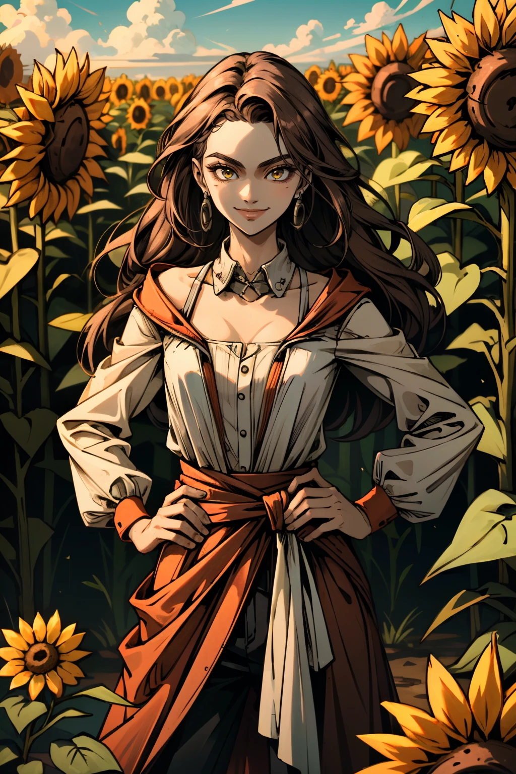 ((ultra detailed, masterpiece, absurdres))
 <lora:BSasha:0.8>
BSasha, 1girl, brown hair, long hair, looking at viewer, surrounded by sunflowers in a bright field, smiling, with hands on hips