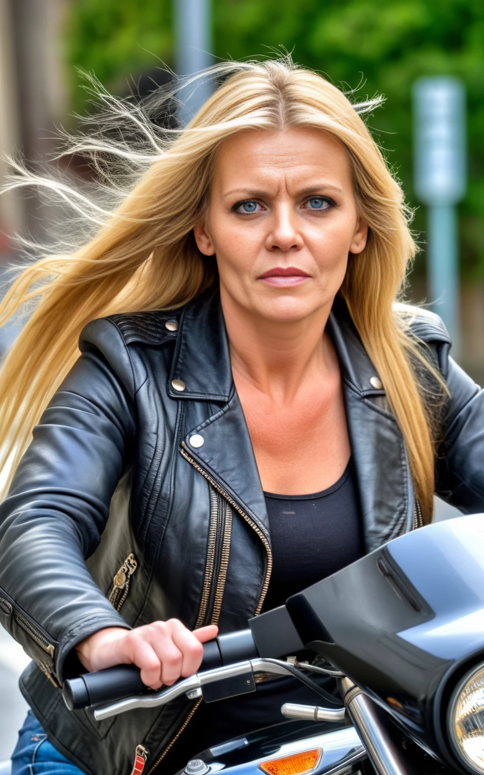 a photo of a 40 year old woman, driving a motorbike, long blonde hair, black leather jacket, HDR, intricate details, detailed face, detailed eyes, detailed skin, extreme realistic