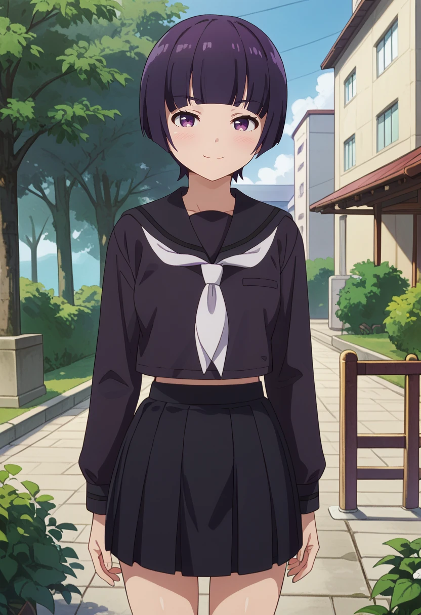 score_9,
<lora:EromangaSensei_SenjuMuramasaXL:0.8>, SenjuMuramasa,
1girl, solo, closed mouth, light smile, light blush,
purple hair, bob cut, blunt bangs, purple eyes,
MuramasaSchool, serafuku, black shirt, white neckerchief, long sleeves, black skirt,
standing, looking at viewer, thigh gap,
outdoors, school