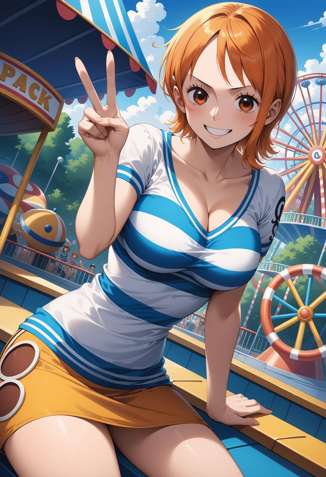 (masterpiece, best quality, very aesthetic, ultra detailed), intricate details, 4k, aanami, long hair, aanami, short hair, orange hair, orange eyes, brown eyes, breasts, collarbone, cleavage, striped shirt, white shirt, short sleeves, miniskirt, yellow skirt, <lora:nami_animagine_v1:0.9>, grin, smile, peace sign, v, amusement park, solo