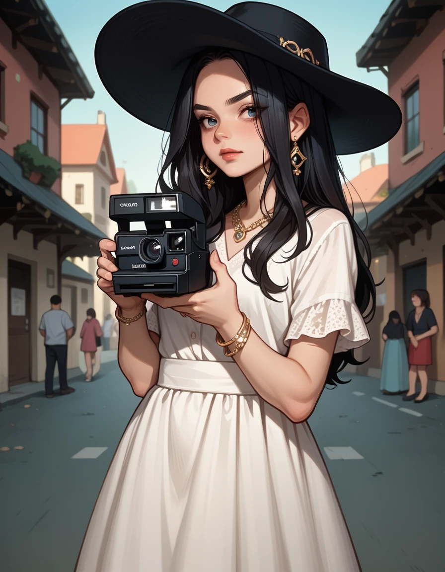 score_9, score_8_up, score_7_up, score_6_up, score_5_up, score_4_up, 1girl, solo, black hair, hat, jewelry, dress, bracelet, long hair, hud_pol4r0id, holding camera, <lora:pc-000008:0.8>