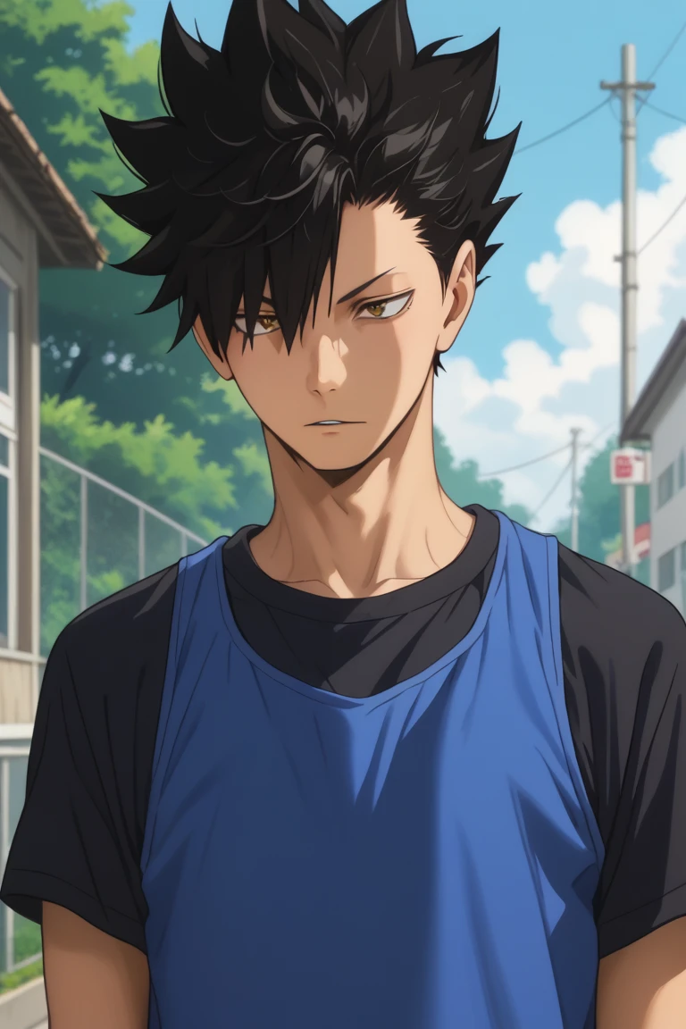 score_9, score_8_up, score_7_up, source_anime, rating_safe, Kuraikyu, 1boy, male focus, anime screencap, black shirt, blue tank top