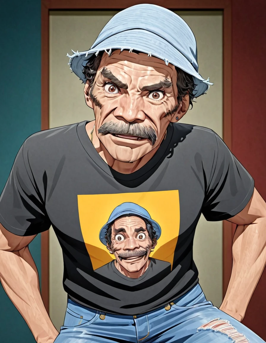 (masterpiece), (best quality), (ultra-detailed), Don Ramón in anime style, rendered with Unreal Engine, featuring a dynamic and detailed depiction with exaggerated, expressive anime features, wearing worn-out jeans and a grey, distressed T-shirt, complemented by an old, faded denim hat, his iconic mustache and unique expressions highlighted in high-resolution with vibrant, stylized colors, set against a lively, detailed background that reflects a playful and energetic atmosphere, the scene enhanced with realistic lighting and shadows, capturing the whimsical blend of anime aesthetics and the classic look of Don Ramón, creating a striking and immersive visual, illustration, disheveled hair, detailed eyes, perfect composition, moist skin, intricate details, earrings, Don Ramón in anime style, rendered with Unreal Engine, featuring a dynamic and detailed depiction with exaggerated, expressive anime features, wearing worn-out jeans and a grey, distressed T-shirt, complemented by an old, faded denim hat, his iconic mustache and unique expressions highlighted in high-resolution with vibrant, stylized colors, set against a lively, detailed background that reflects a playful and energetic atmosphere, the scene enhanced with realistic lighting and shadows, capturing the whimsical blend of anime aesthetics and the classic look of Don Ramón, creating a striking and immersive visual, cinematic, enigmatic, contemporary, open inviting, engaging, creative, exciting, fascinating, highly detail, very inspirational, rich deep color, ambient light, sharp focus, great composition