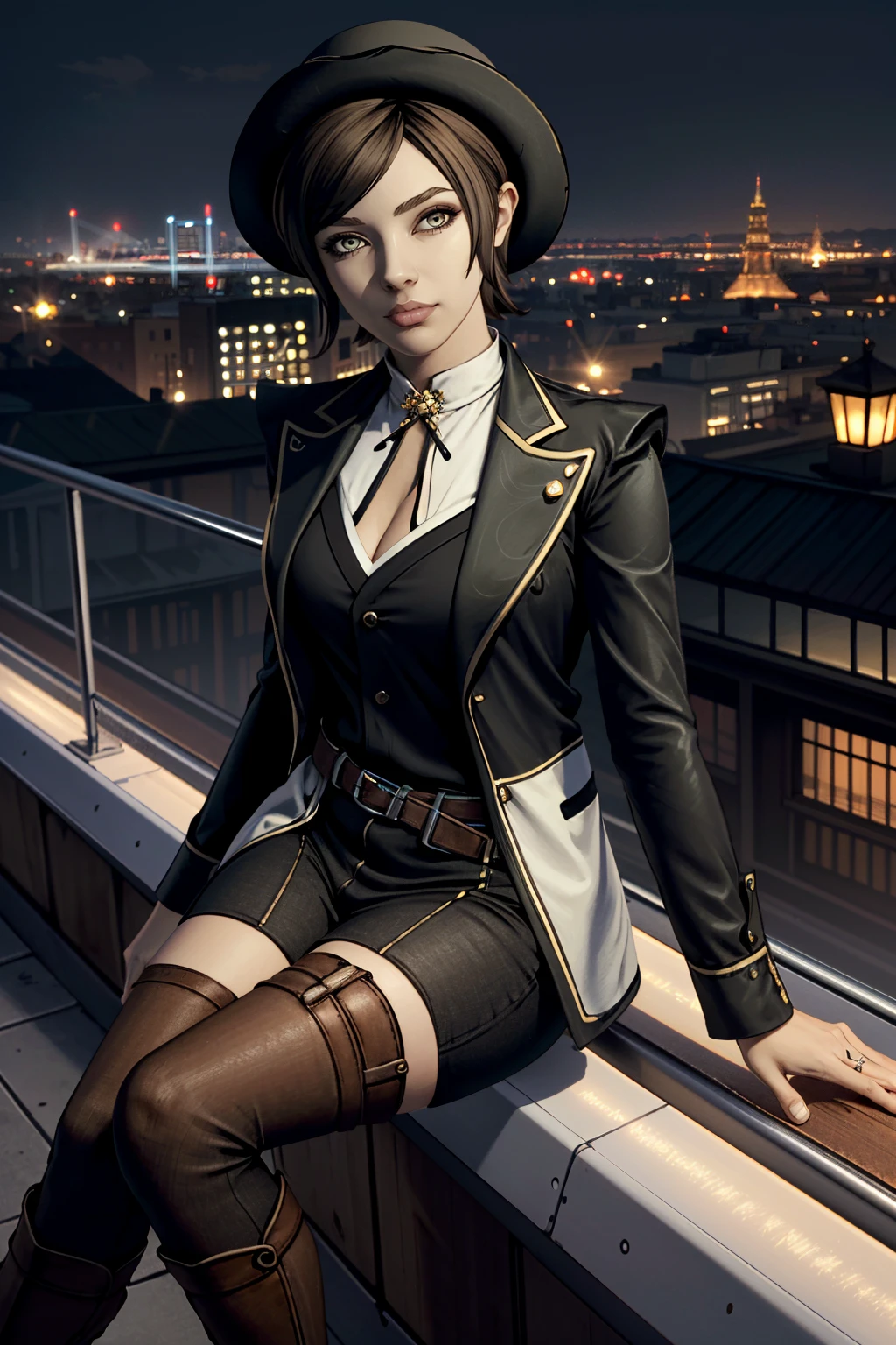 ((ultra detailed, masterpiece, absurdres))
 <lora:BFiona:0.8>
BFiona, 1girl, short hair, brown hair, hat, looking at viewer, overlooking the city from a rooftop bar at night, chic outfit, sitting