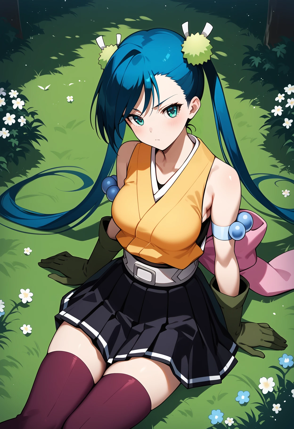 score_9, score_8_up, score_7_up, score_6_up, score_5_up, score_4_up, source_anime, aahibachi, long hair, blue hair, twintails, hair ornament, aqua eyes, breasts, japanese clothes, yellow shirt, sleeveless, armband, green gloves, belt, pink bow, pleated skirt, black skirt, purple thighhighs, <lora:hibachi_ponyxl_v1:0.9>, on floor, sitting, grass, field, flower